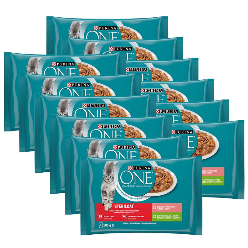 PURINA ONE STERILCAT s puretinom i zelenim mahunama u umaku, s lososom i mrkvom u umaku, 48 x 85 g
