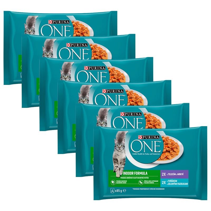 PURINA ONE INDOOR s tunjevinom i zelenim mahunama u umaku, s telećim mesom i mrkvom u umaku, 24 x 85 g