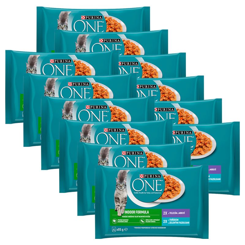 PURINA ONE INDOOR s tunjevinom i zelenim mahunama u umaku, s telećim mesom i mrkvom u umaku, 48 x 85 g
