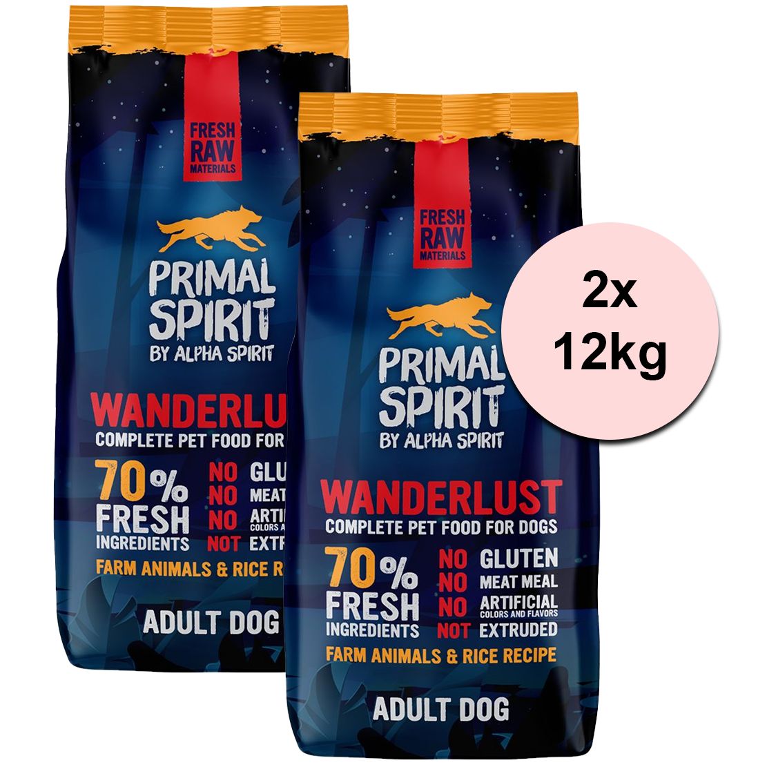 Primal Spirit Dog 70% Wanderlust - piletina i losos 2 x 12kg