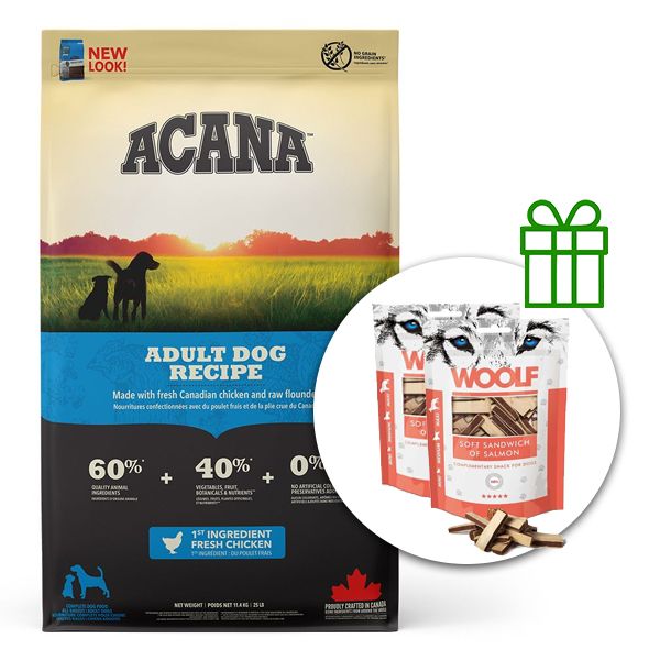 ACANA Recept za odrasle pse 11,4 kg + 2x poslastice GRATIS