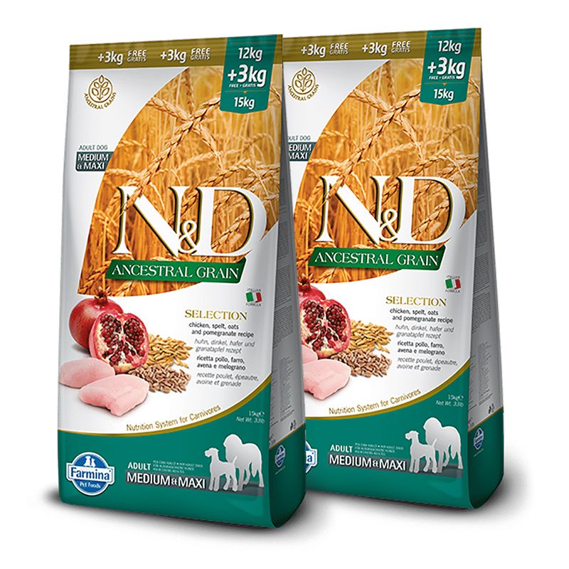 Farmina N&D Selection Adult MEDIUM & MAXI Chicken & Pomegranate 2 x 12 kg + 6 kg GRATIS