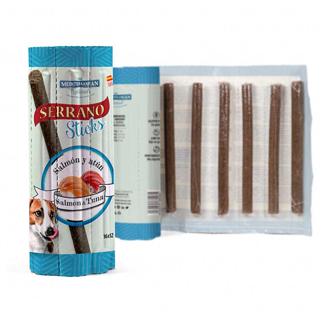Tyčinky MEDITERRANEAN NATURAL Serrano Sticks - losos i tuna 16 x 12 g