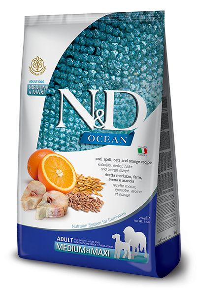 Farmina N&D dog OCEAN Adult Medium & Maxi Codfish and Orange 2,5 kg