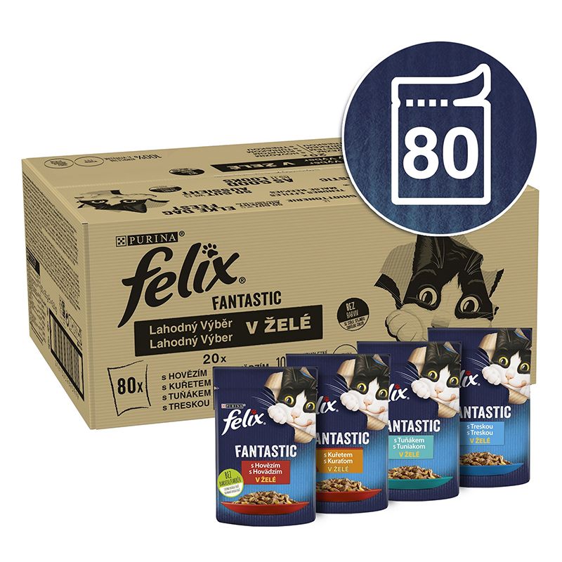 Vrečice FELIX Fantastic Multipack - s govedinom, piletinom, tunom i bakalarem u želeu 80 x 85 g