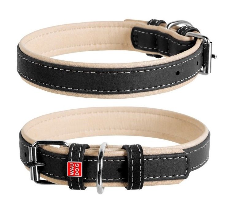 Kožni ovratnik WAU DOG Soft 57-71 cm, 35 mm crno-bež boje