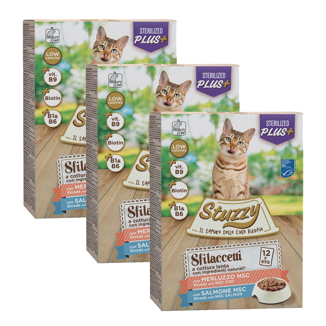 Stuzzy Cat Shreds MULTIPACK Sterilized trganje mesa od bakalara i lososa 3 x (12 x 85 g)